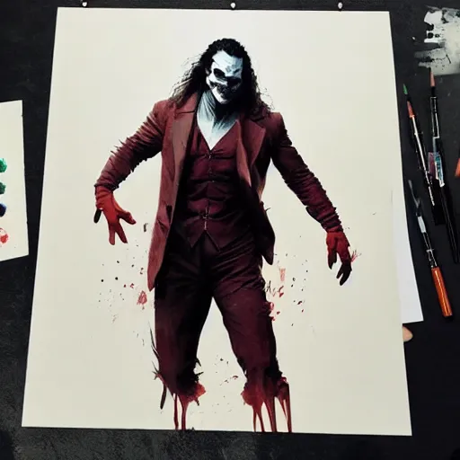 Image similar to jason momoa as joker, full body, dynamic pose, painted by greg rutkowski