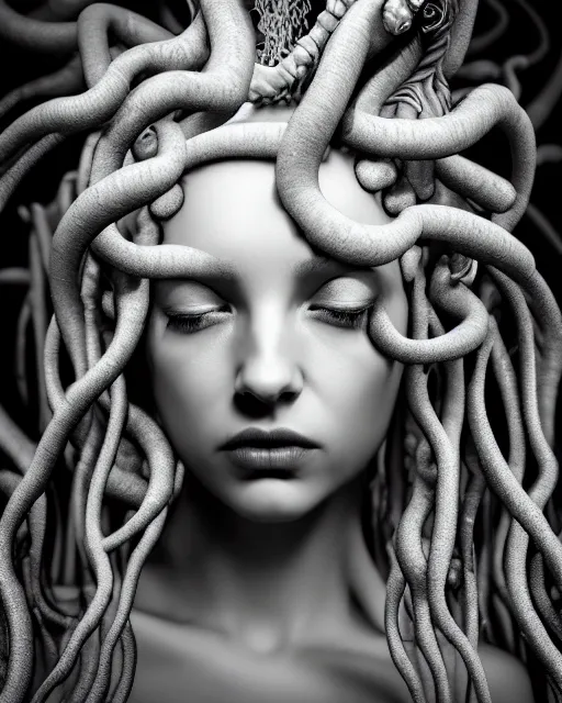 Image similar to surreal mythical dreamy dark artistic black and white fine art photo of a beautiful young female angel - medusa - mermaid - cyborg covered with translucent algae, highly detailed, lace web, rim light, cinematic, studio dramatic light, poetic, octane render, 8 k, photo - realistic, by floria sigismondi