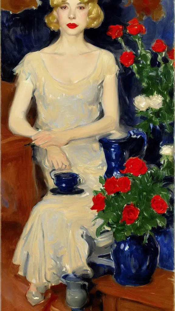 Image similar to young julee cruise in detailed golden lace navy dress beside a pot of red roses set near a persian blue detailed pot by john singer sargent
