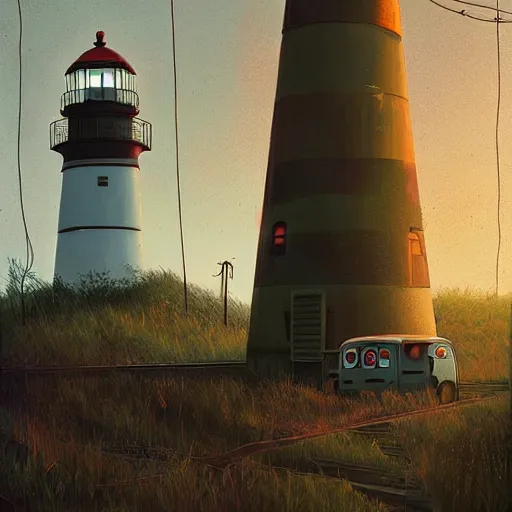 Image similar to lighthouse, mechanic, robotic, abandoned, overgrown, cables by simon stalenhag