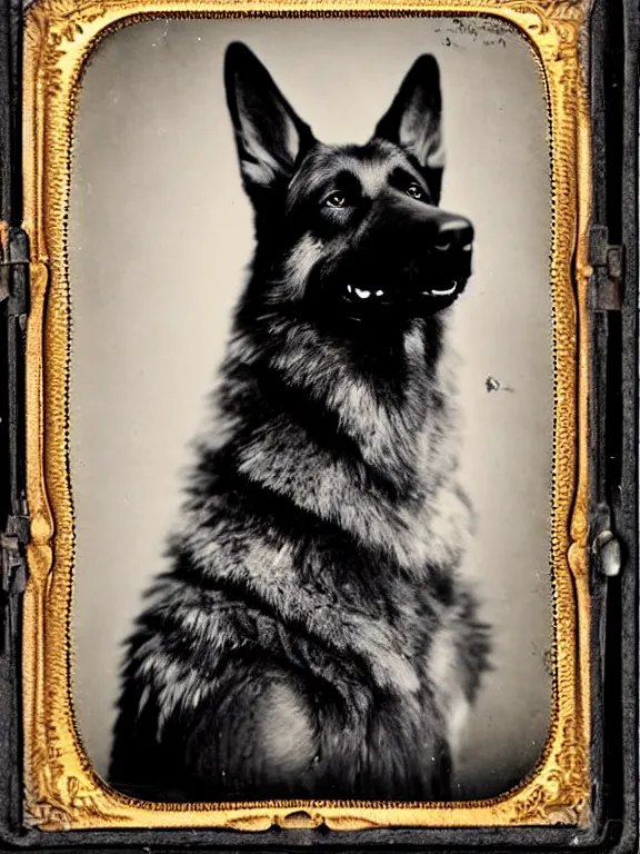 Prompt: professional studio photo portrait of anthro anthropomorphic german shepard head animal person fursona smug smiling wearing elaborate pompous royal king robes clothes degraded medium by Louis Daguerre daguerreotype tintype