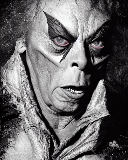 Prompt: tim curry as darkness from ridley scott's movie legend. studio lighting, photoshoot in the style of annie leibovitz, atmospheric smoke