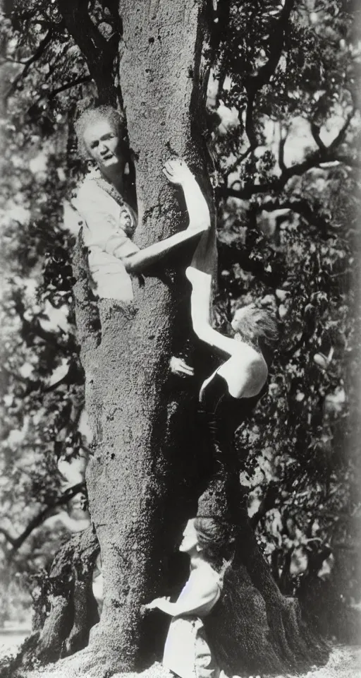 Prompt: Marie Curie hugging a tree by Salvador Dalí