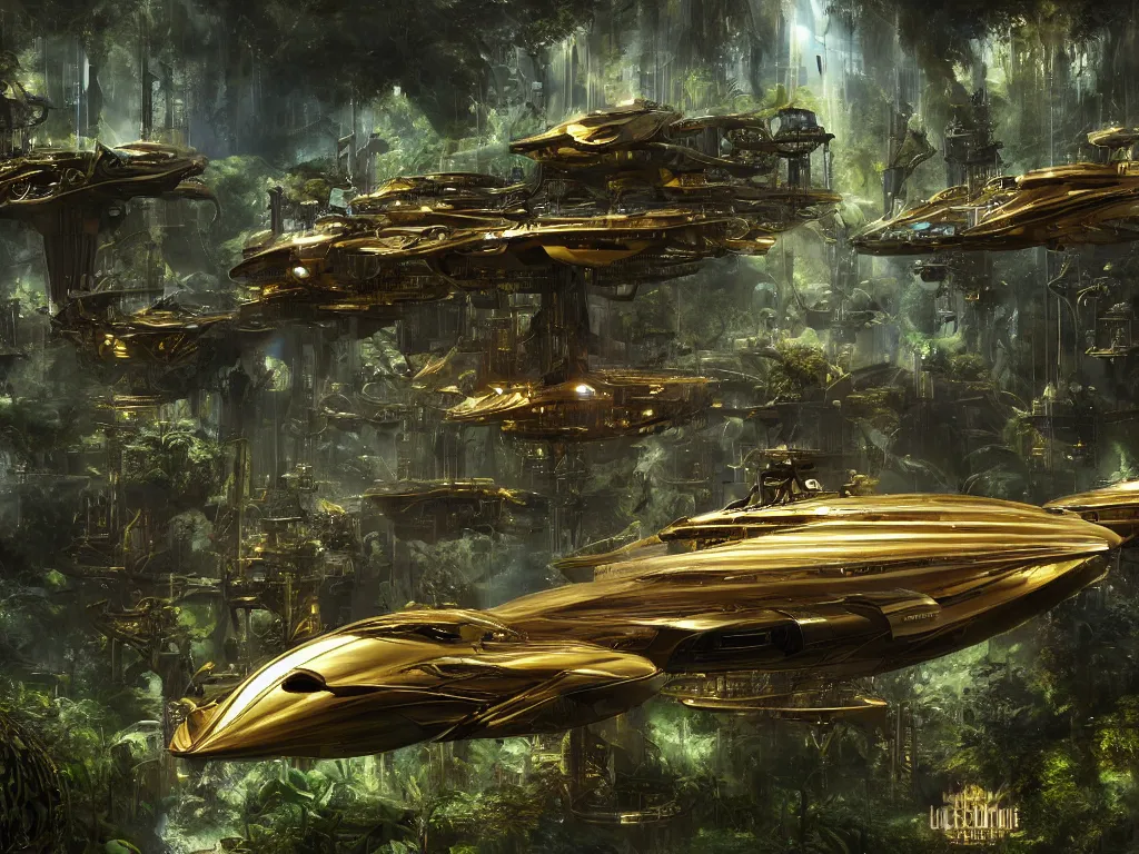 Prompt: a large futuristic scientific flying steampunk transport ship elegant, smooth, ornate with gold trimmings, by craig mullins and scott robertson large steampunk space port inside a lush rainforest background by dylan cole and federico pelat cinematic dappled lighting, hyper detailed hyper detailed, 8 k, ultra realistic, cinematic lighting, ultra wide 3 5 mm lens