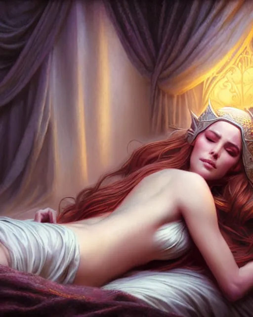 Prompt: elven goddess of dreams, full body, dreaming, lying on the bed | | realistic shaded, fine details, fine - face, realistic shaded lighting poster by greg rutkowski, magali villeneuve, artgerm, jeremy lipkin, michael garmash, rob rey