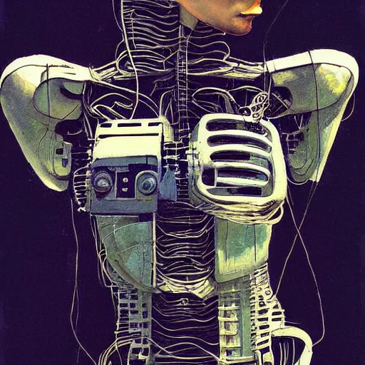 Prompt: a beautiful painting of half of a robot angel torso hung by wires by Norman Rockwell, trending on artstation | Glitched art cubes