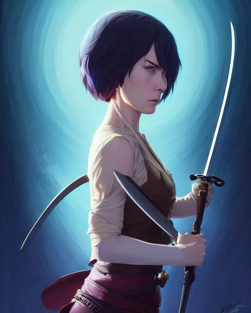 Image similar to portrait of four handed swordsman | | very very fantasy!!!, fine - face, audrey plaza, realistic shaded perfect face, fine details. anime. realistic shaded beautiful lighting poster by ilya kuvshinov katsuhiro otomo ghost - in - the - shell, magali villeneuve, artgerm, jeremy lipkin and michael garmash and rob rey