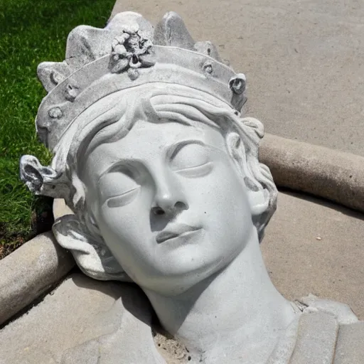 Prompt: statue of libertys head lying sideways with crown is broken off