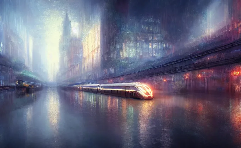 Image similar to an urban train rides inside of a waterway on a fantasy city. by artstation trending, by joseph mallord william turner, luis royo, konstantin razumov, cinematic lighting, fractal flame, highly detailed