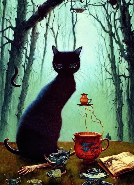 Image similar to cat having tea with a witch in the woods gorgeous lighting, lush forest foliage blue sky a hyper realistic painting by chiara bautista and beksinski and norman rockwell and greg rutkowski weta studio, and lucasfilm