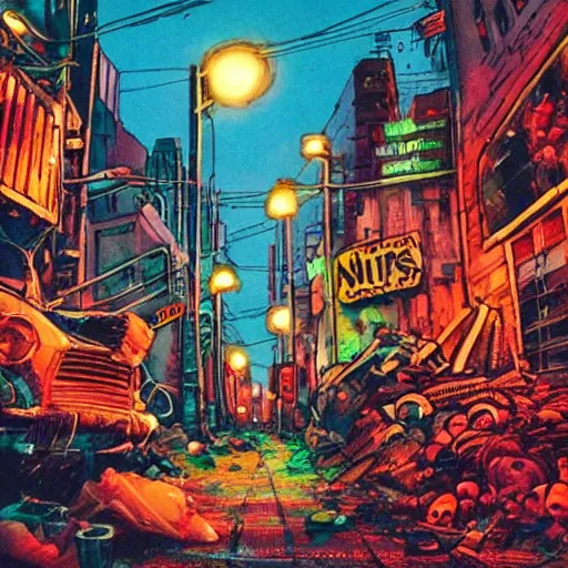 Image similar to A dirty street in the Bronx, by night, with giant neonpunk urchin everywhere, colorful composition, ultra detailed, dang yo