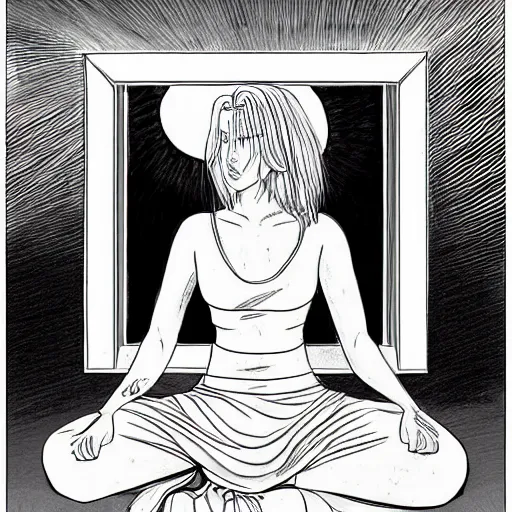 Prompt: of a takashi okazaki style pencil and ink manga drawing of scarlett johansson meditating in the middle of a dojo with dramatic moonlight coming in through the window.