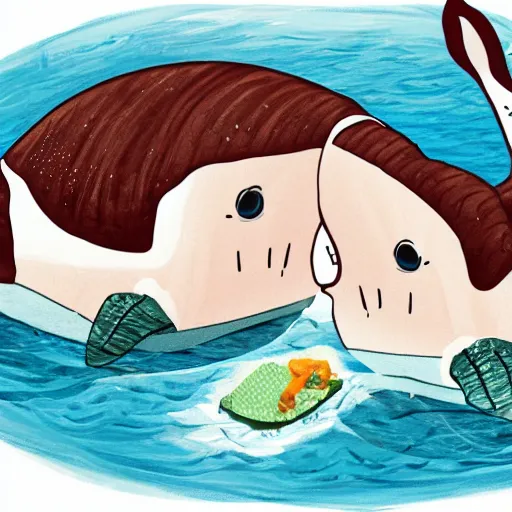 Prompt: two whales talking about food