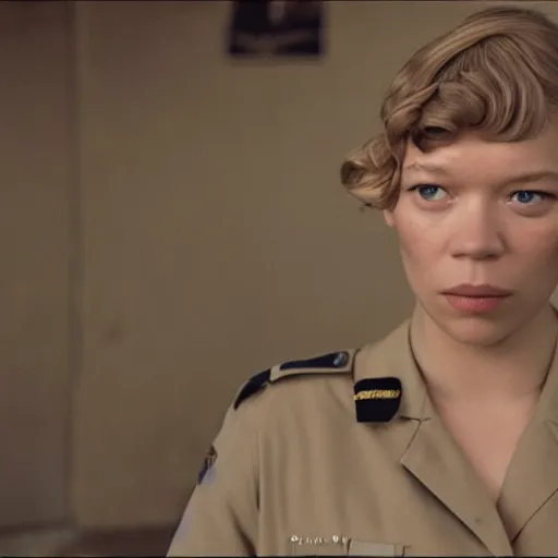 Prompt: Lea Seydoux as a prison guard in a french prison in a Wes Anderson Movie