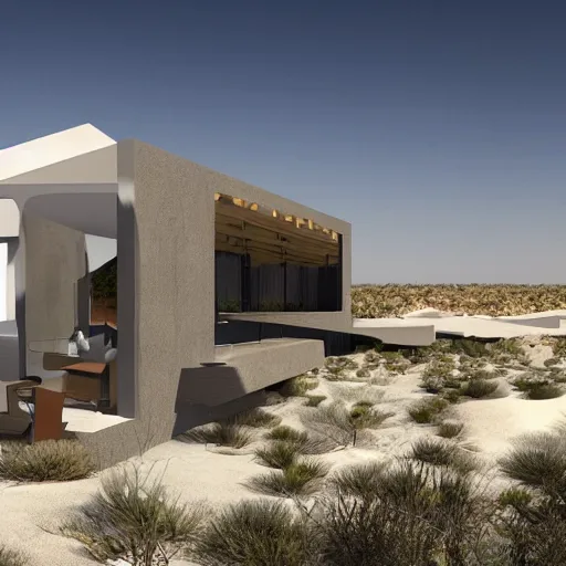 Image similar to architectural rendering of building in the desert, biophilia, naturalism, modern style