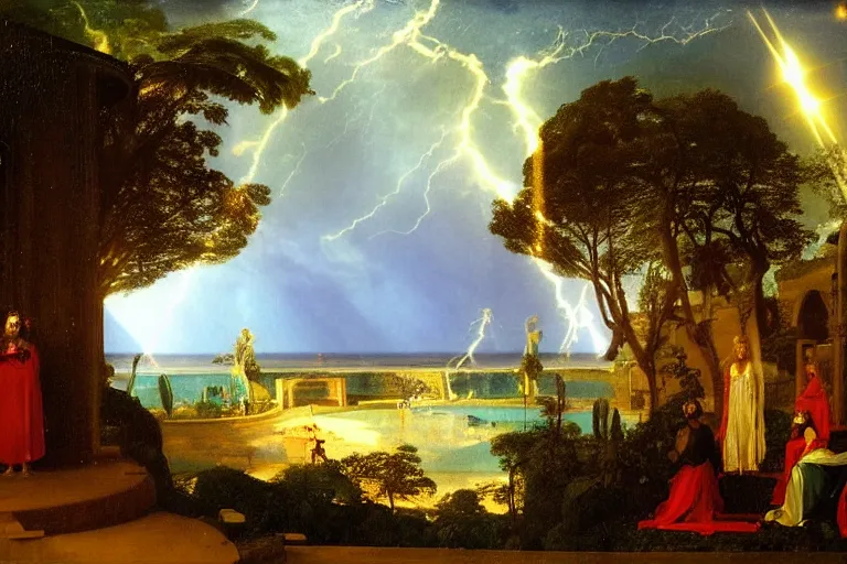 Prompt: Palace of the chalice, refracted sparkles, thunderstorm, greek pool, beach and Tropical vegetation on the background major arcana sky, by paul delaroche, hyperrealistic 4k uhd, award-winning, very detailed paradise
