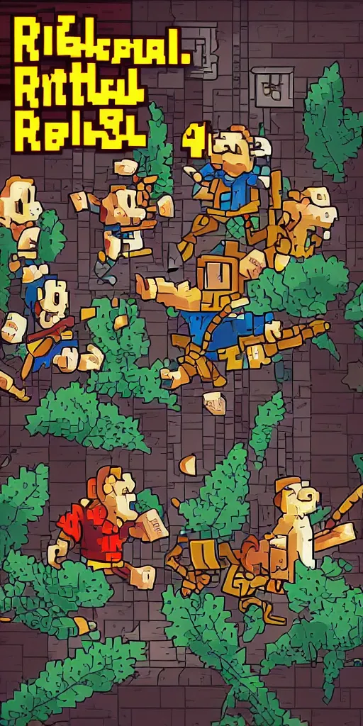 Image similar to cover artwork for a retro pixel art game about the adventure of a guy & rat enemies, 8k,