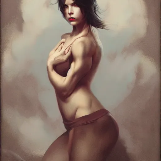 Image similar to painting of a very beautiful girl with muscles, by tom bagshaw, greg rutkowski, wlop