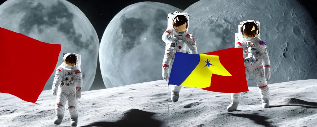 Image similar to an astronaut in red on white on yellow costume holding vietnam flag, standing on the moon, cinematic composition, a realistic photograph, cosmic background, octane render