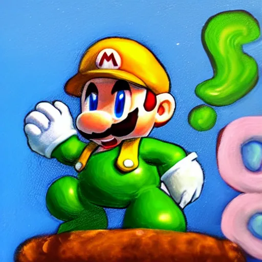Image similar to oil on styrofoam crust - painting with melt of the yoshi story where baby mario is eaten by kirby