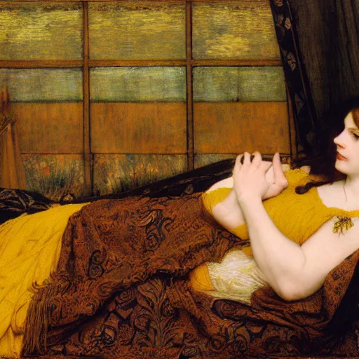 Prompt: preraphaelite photography reclining on bed, a hybrid of judy garland and lene lovich, aged 2 5, big brown fringe, yellow ochre ornate medieval dress, john william waterhouse, kilian eng, rosetti, john everett millais, william holman hunt, william morris, 4 k