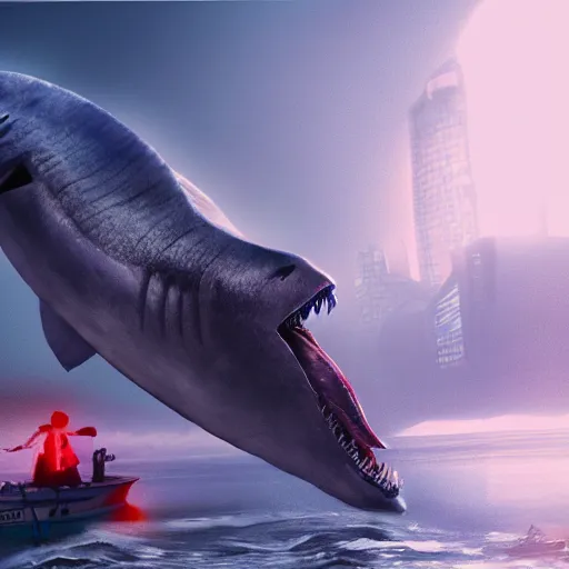 Image similar to megalodon eating a person. hyper realistic. digital art. artstation. cyberpunk. award winner.