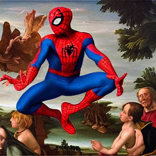 Image similar to Renaissance painting of spiderman doing cool tricks