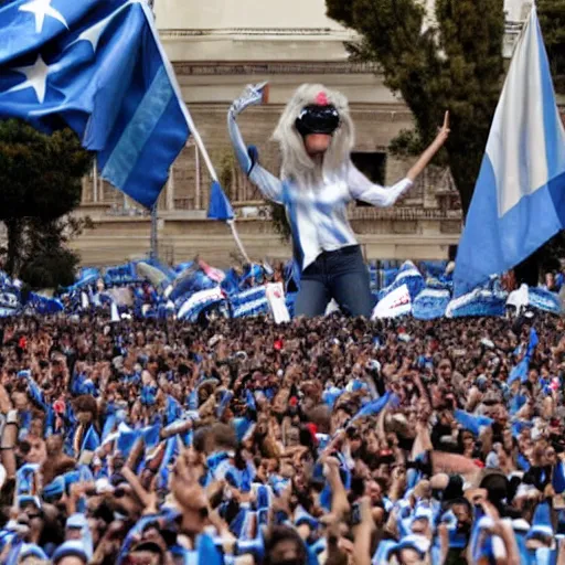 Image similar to Lady Gaga as president, Argentina presidential rally, Argentine flags behind, bokeh, giving a speech, detailed face, Argentina