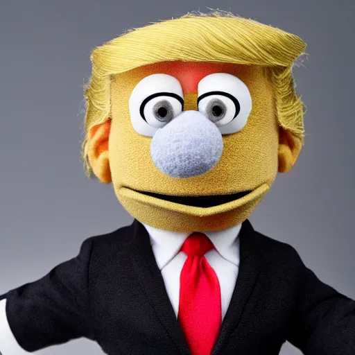 Image similar to Donald Trump realistic Muppet puppet, wide lens, diorama, 4k,