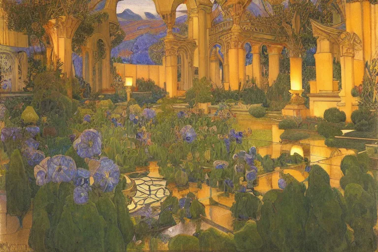 Image similar to beautiful garden at twilight by Annie Swynnerton and Nicholas Roerich and jean delville, glowing paper lanterns, strong dramatic cinematic lighting , ornate tiled architecture, lost civilizations, smooth, sharp focus, extremely detailed