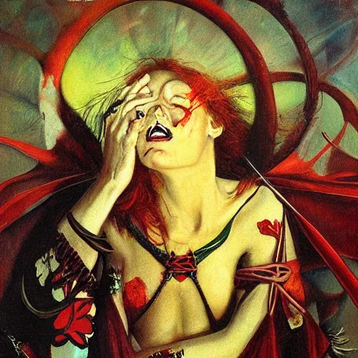 Image similar to the concept a broken heart, the face of envy, airbrush art, shamanic dmt horror art, by edwin austin abbey