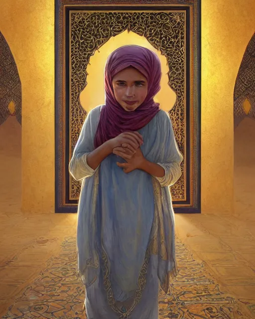 Image similar to a faceless bedouin child infront of a big open quran highly detailed, gold filigree, romantic storybook fantasy, soft cinematic lighting, award, disney concept art watercolor illustration by mandy jurgens and alphonse mucha and alena aenami, pastel color palette, featured on artstation