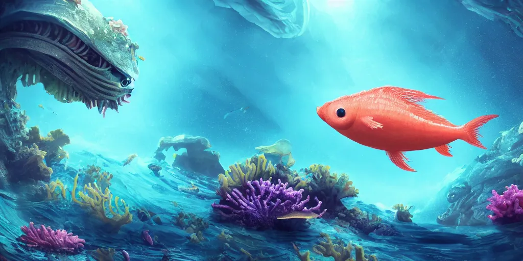 Image similar to photo of an extremely cute alien fish swimming an alien habitable underwater planet, coral reefs, dream-like atmosphere, water, plants, peaceful, serenity, calm ocean, tansparent water, reefs, fish, coral, inner peace, awareness, silence, nature, evolution, wide angle, super highly detailed, professional digital painting, artstation, concept art, smooth, sharp focus, no blur, no dof, extreme illustration, Unreal Engine 5, Photorealism, HD quality, 8k resolution, cinema 4d, 3D, beautiful, cinematic, art by artgerm and greg rutkowski and alphonse mucha and loish and WLOP