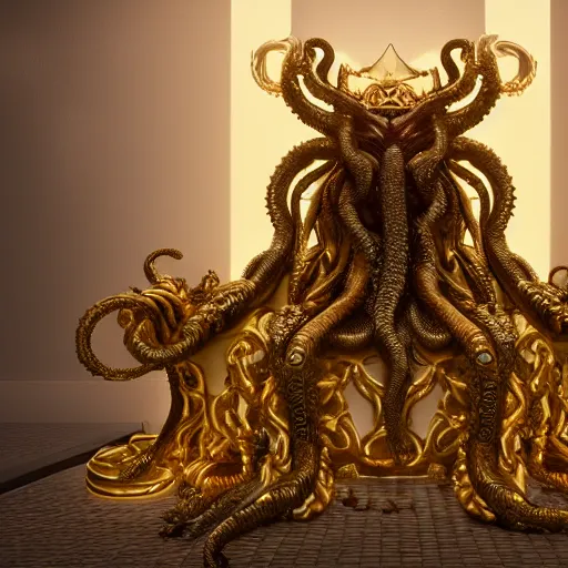 Prompt: a photo of 8k ultra realistic corrupted lovecraftian golden queen on her oversized throne, 8 intricate white and gold tentacles, ornate, cinematic lighting, trending on artstation, 4k, hyperrealistic, focused, high details, unreal engine 5, cinematic, masterpiece