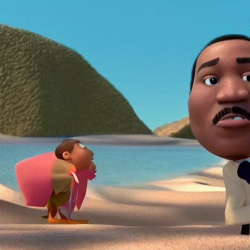 Image similar to still from a pixar movie, martin luther king jr shipwrecked on a desert island