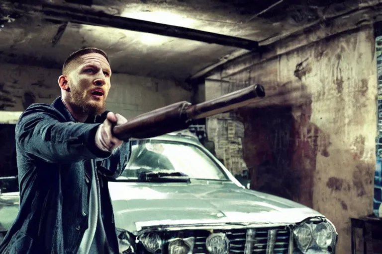 Prompt: film still of Tom Hardy as Max Payne in a body shop garage holding a baseball bat in the Max Payne movie, 4k