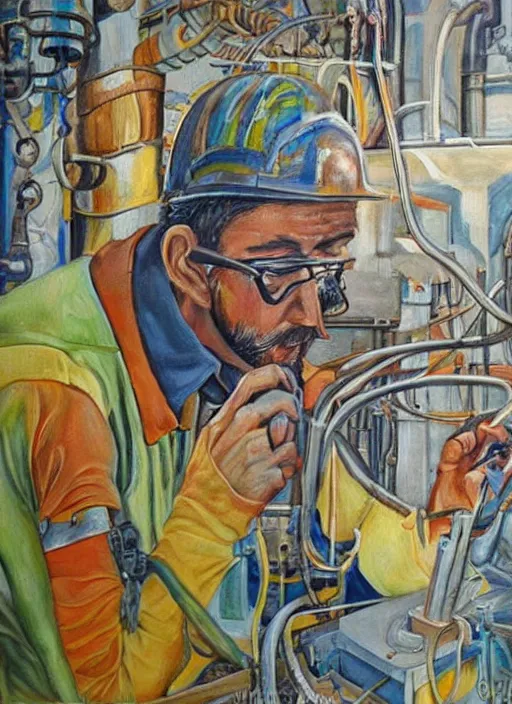 Image similar to a beautiful painting of an engineer working for an aluminium smelter, realistic face, ayahuasca