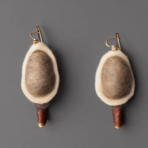 Image similar to a granite earring. It is decorated with alpaca wool and encircled with bands of birch. This object menaces with with spikes of emu leather.