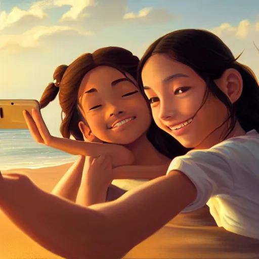 Image similar to beautiful serene intricate portrait of katara and toph taking a selfie, smiling softly, relaxing on the beach, golden hour, soft focus, 8 k, art by irakli nadar, hyperrealism, hyperdetailed, ultra realistic