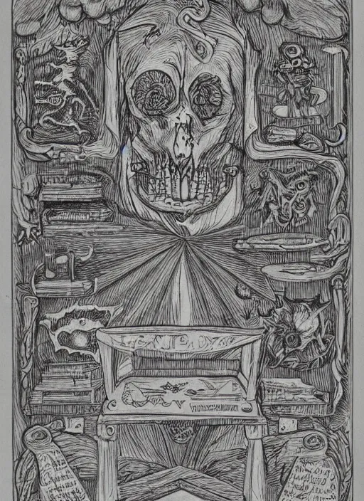 Image similar to a full page scan of detailed vintage illustrated drawing of how to raise the dead, handwritten, intricate writing, satanic, evil, grimoire page, necronomicon style