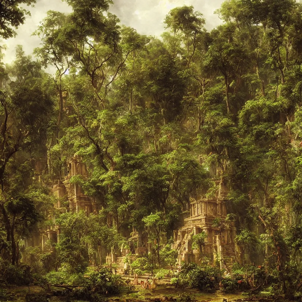 Prompt: aztec temple in the jungle overgrown with vegetation, painting by andreas achenbach