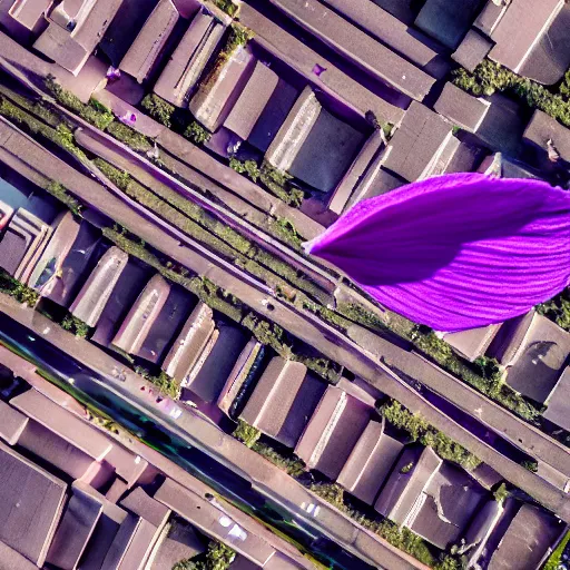 Image similar to closeup photo of purple flower petal flying above a city, aerial view, shallow depth of field, cinematic, 8 0 mm, f 1. 8