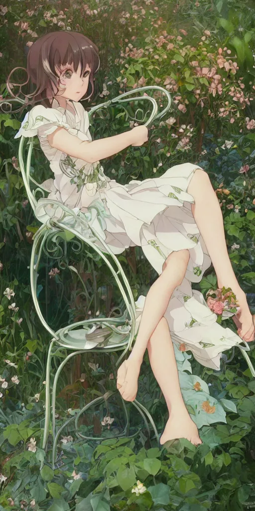 Prompt: a close up of a loli with long hair in a dress sitting on a metal garden chair in the privet garden at afternoon, green and warm theme, back lighting, by krenz cushart and mucha and akihito yoshida and greg rutkowski and makoto shinkai and studio ghibli, detailed eyes, 4 k resolution, trending on art station