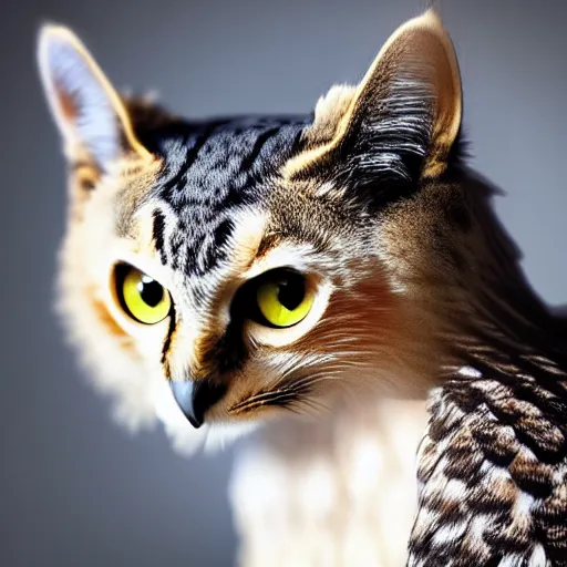 Image similar to a feline owl - cat - hybrid, animal photography