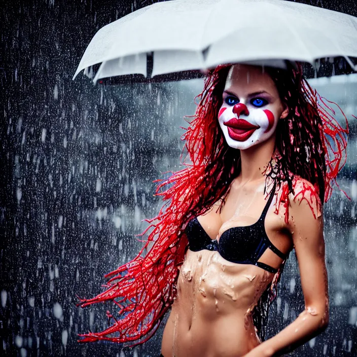 Prompt: fully body pose, photo of a very beautiful!! victoria secret model, clown, wet hair, raining, 8 k, hdr, smooth, sharp focus, high resolution, award - winning photo, trending on artstation, dslr, 5 0 mm