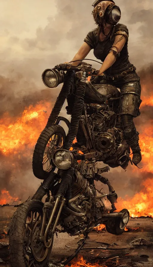 Image similar to post apocalyptic, biker with helmet in front of crashed airplane burning, photorealistic, ultra realistic, concept art, intricate details, photorealistic, octane render, 8 k, unreal engine. retro film still, heavy grain, 3 5 mm, art by artgerm and greg rutkowski and alphonse mucha