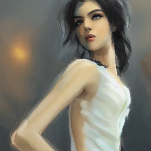 Image similar to Greek goddess posing for painter, sun light, trending on artstation, black hair, white coat, messy hair, palace in the background