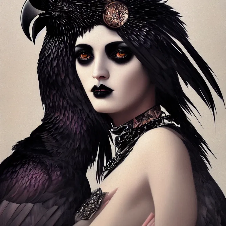 Image similar to breathtaking detailed concept art painting art deco portrait of a goth goddess amalgamation raven, by hsiao - ron cheng, bizarre compositions, exquisite detail, extremely moody lighting, 8 k