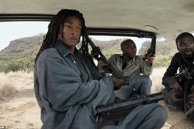 Image similar to movie diverse interracial team of robbers armed with rifles interior van, beautiful skin, natural lighting by Emmanuel Lubezki