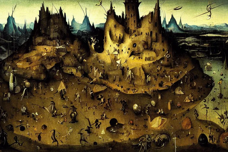 Image similar to dark souls landscape painted by hieronymus bosch